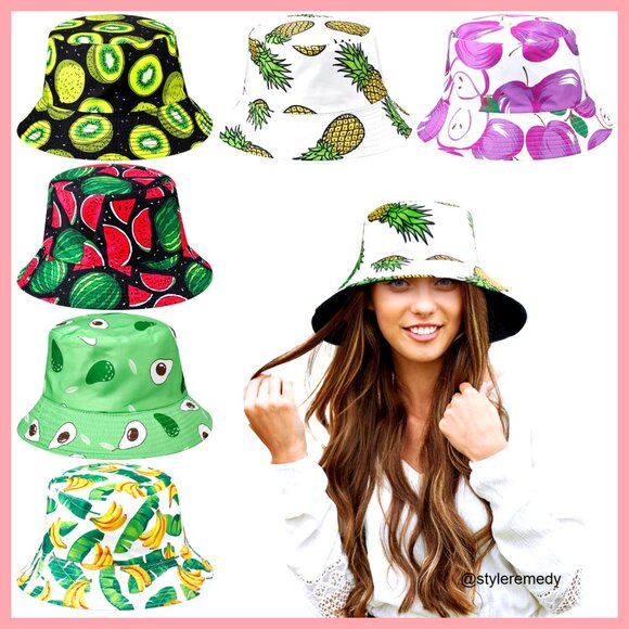 6 Pack Cotton Bucket Hats Reversible Fruit Pattern UV Protection Summer main image 5
